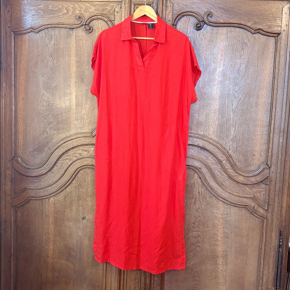 Tahari Linen V-Neck Collared Maxi Shift Dress - Picture 2 of 12